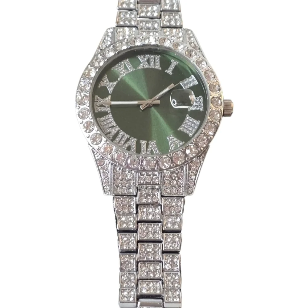 Silver & Green Luxury Iced Bling Hip Hop Fashion Quartz Date Watch New
